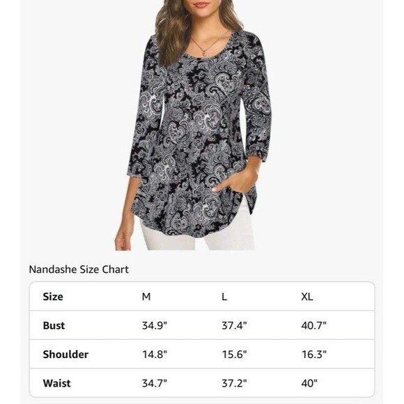 Nandashe Women 3/4 Sleeves Paisley Tunic Shirts Casual Dressy Blouse Tops Size L - Picture 3 of 16